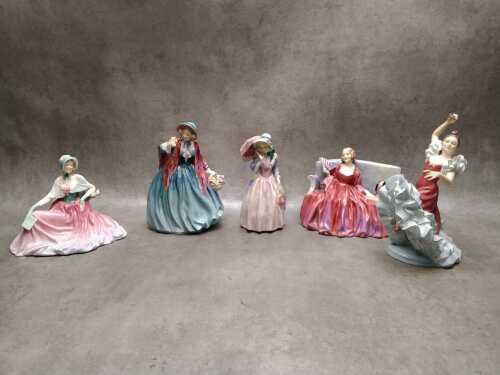 Five Royal Doulton porcelain lady figures, A/F