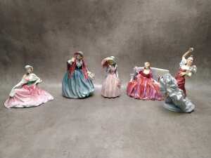 Five Royal Doulton porcelain lady figures, A/F
