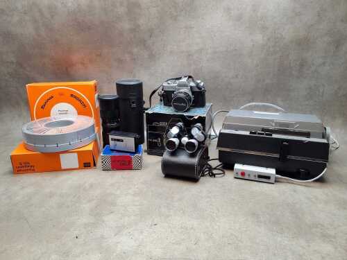 Minolta SLR film camera and Braun slide projector