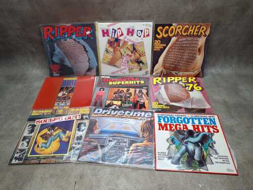 Ten Rock and Pop compilation vinyl records, including 'Superstar Superhits'