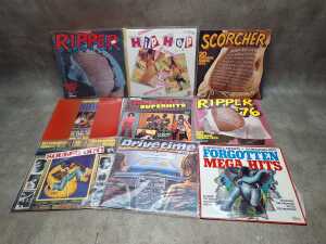 Ten Rock and Pop compilation vinyl records, including 'Superstar Superhits'