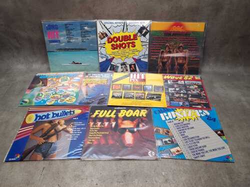 Ten Rock and Pop compilation vinyl records, including 'Hit Wave 82'