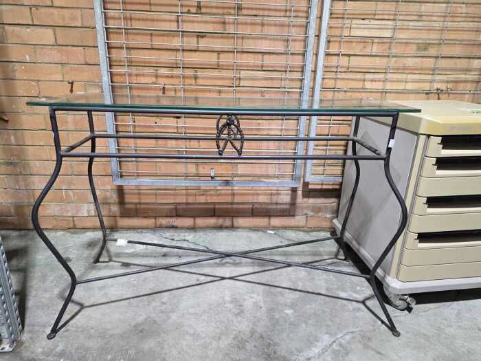 Wrought iron console table with bevelled glass top