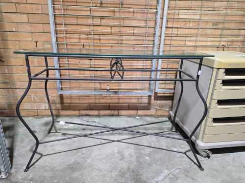 Wrought iron console table with bevelled glass top
