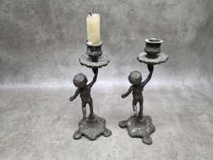 Pair of cast brass figural candlesticks - 3