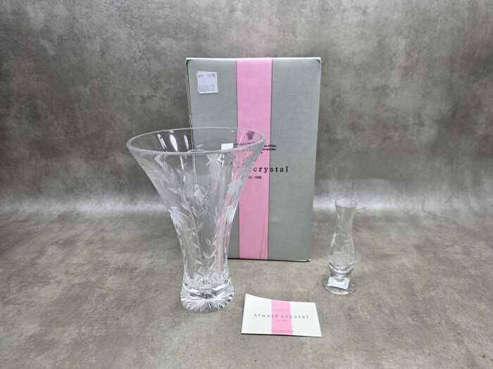 Two Stuart Crystal 'Fuchsia' vases, one boxed
