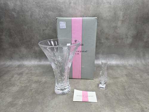 Two Stuart Crystal 'Fuchsia' vases, one boxed