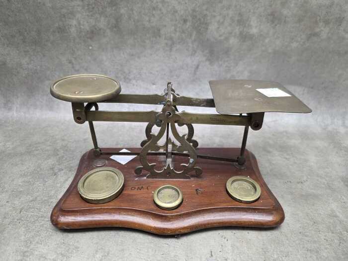 Brass and timber postal scales
