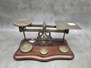 Brass and timber postal scales