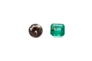 A round morganite and emerald cut emerald