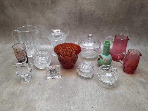 Crystal and glassware, including a Waterford dressing table clock