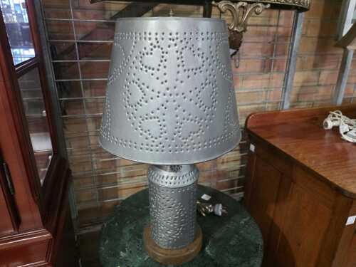 Tinware metal table lamp with pierced decoration