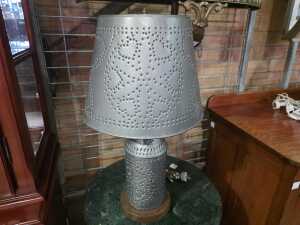 Tinware metal table lamp with pierced decoration