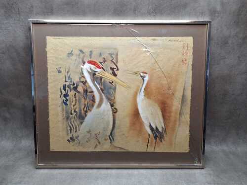 Ken Johnson (1950- ), Chibu Cranes, watercolour and gouache painting on hand-made Japanese paper