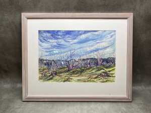 Betty Jungwirth, Lowering Sky, Red Hill Orchard. Watercolour and gouache painting on Arches paper