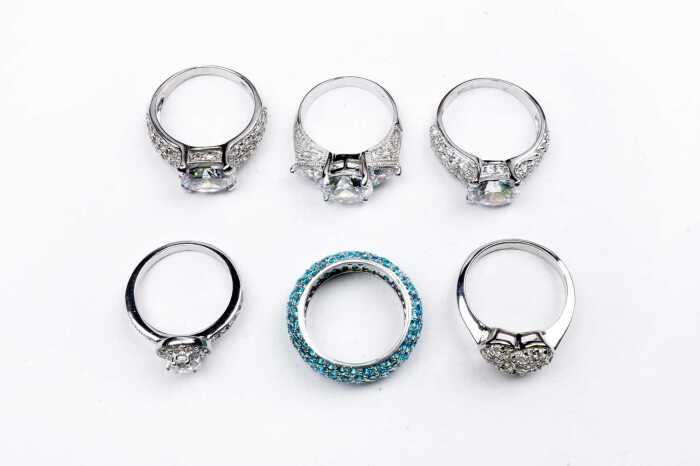 Six cubic zirconia rings in sterling silver