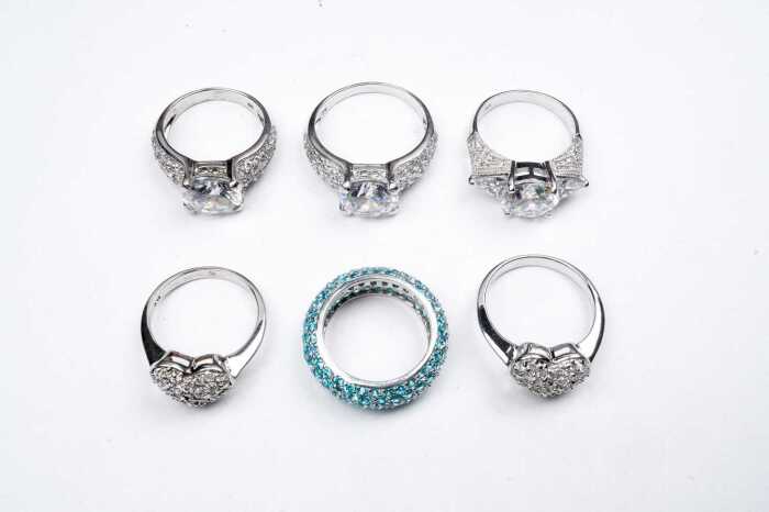 Six cubic zirconia rings in sterling silver