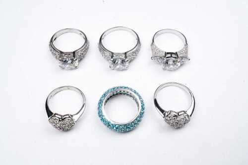 Six cubic zirconia rings in sterling silver