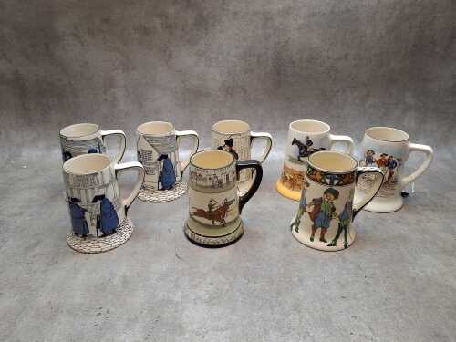 Eight Royal Doulton tankards including Night Watchman, Battle of Hastings, Three Musketeers, etc.