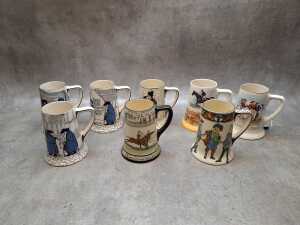 Eight Royal Doulton tankards including Night Watchman, Battle of Hastings, Three Musketeers, etc.