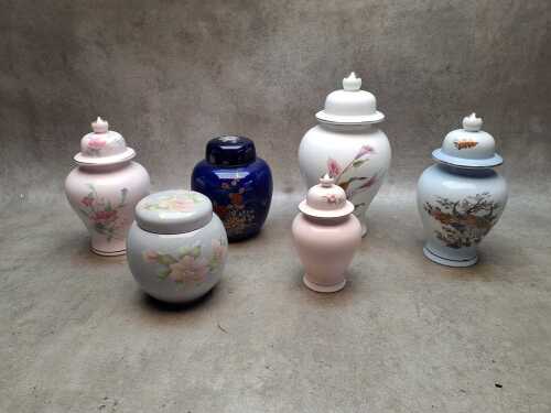 Six Oriental floral porcelain lidded ginger jars