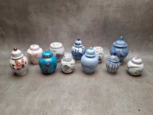 Collection of mini ceramic vessels, and ginger jars
