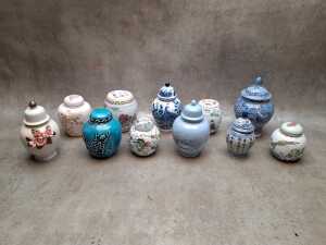 Collection of mini ceramic vessels, and ginger jars
