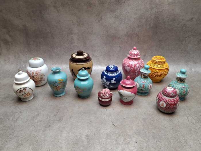 Collection of mini ceramic vessels, and ginger jars
