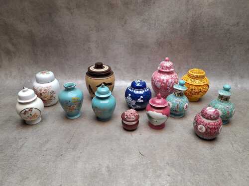 Collection of mini ceramic vessels, and ginger jars