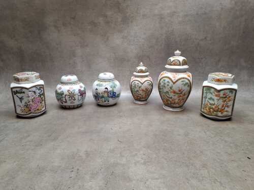 Six Oriental porcelain lidded ginger jars, some hexagonal shape