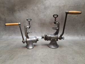 English metal meat grinders, including Beatrice