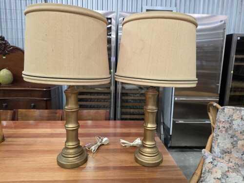 Pair of bamboo-form gold-tone porcelain table lamps