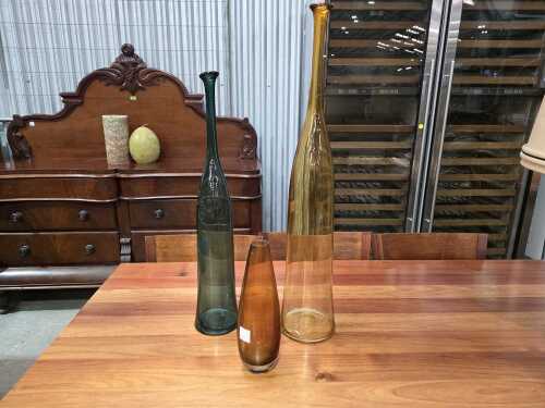 Three contemporary art glass floor vases in green and amber