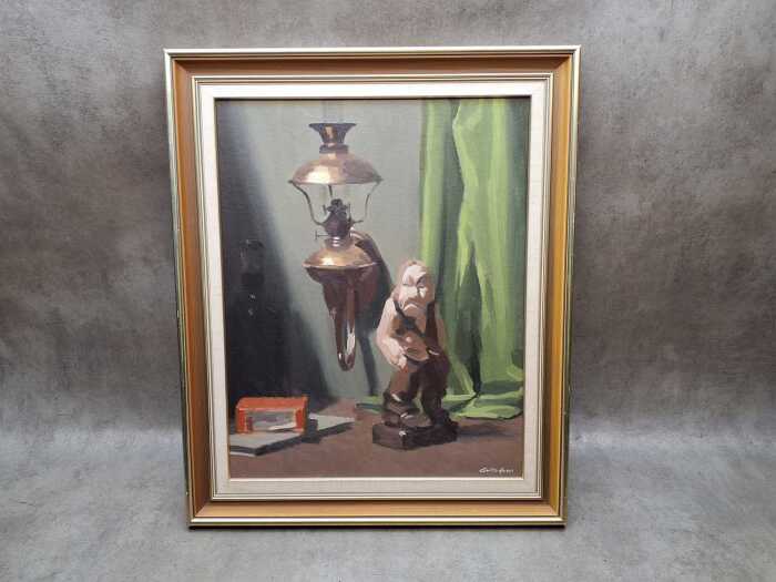Br. Don Gallagher, still life of figure and kerosene lamp. Oil painting on board