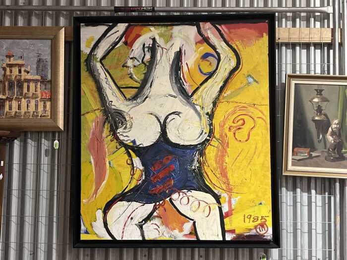 Artist unknown (Roar Studios), abstract torso (yellow), 1985. Oil painting on canvas