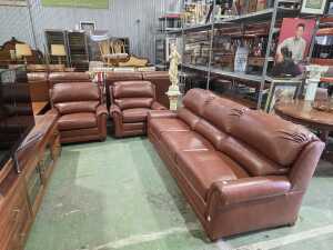 Moran three-piece tan leather lounge suite