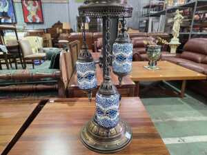 Moroccan table lamp, featuring three hanging pendants with white and blue inserts - 2