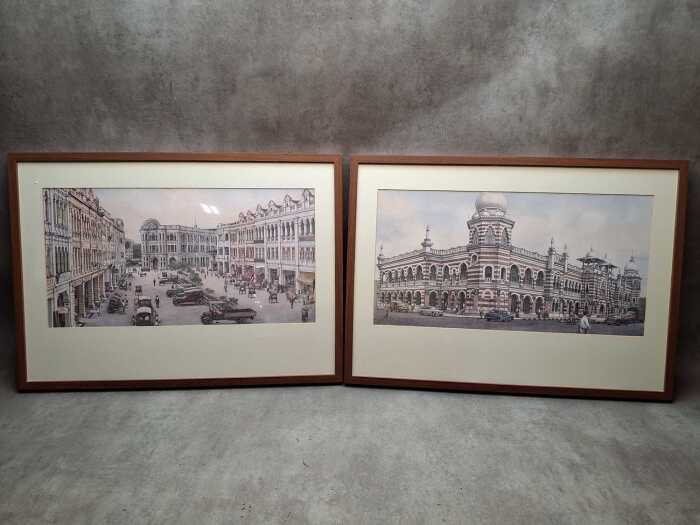 Artist unknown, scenes of Kuala Lumpur (2). Pair of lithographic prints on paper