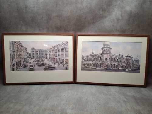 Artist unknown, scenes of Kuala Lumpur (2). Pair of lithographic prints on paper