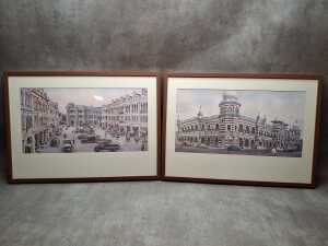 Artist unknown, scenes of Kuala Lumpur (2). Pair of lithographic prints on paper