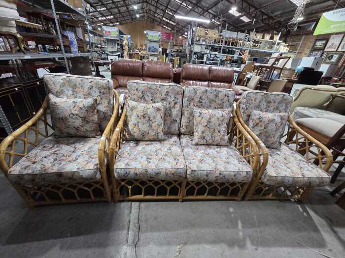 Mid-century rattan and cane three-piece lounge suite
