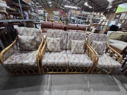 Mid-century rattan and cane three-piece lounge suite