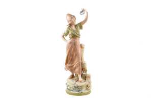 Royal Dux bisque porcelain maiden with handkerchief figure