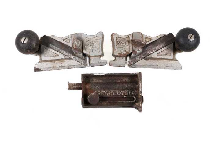 Three antique Stanley tools including No. 94 butt gauge and Nos. 98 and 99 side rabbet planes