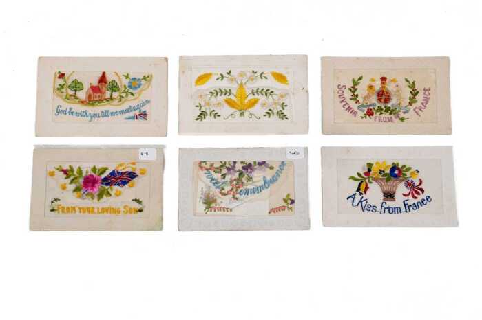 Six World War I silk embroidered postcards, mostly French
