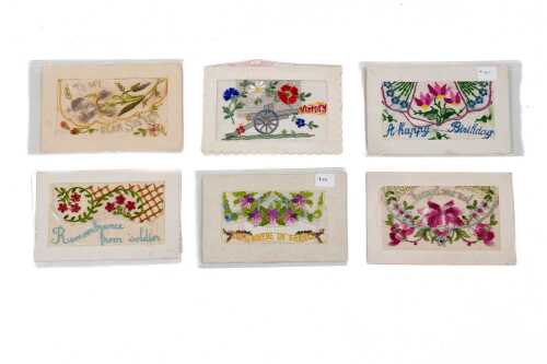 Six World War I silk embroidered postcards, mostly French