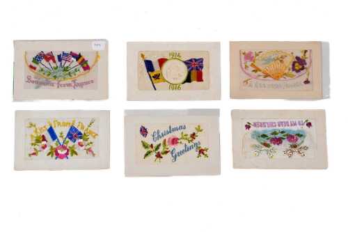 Six World War I silk embroidered postcards, mostly French