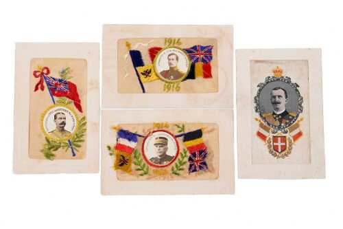 Four World War I silk embroidered postcards, mostly French