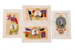 Four World War I silk embroidered postcards, mostly French
