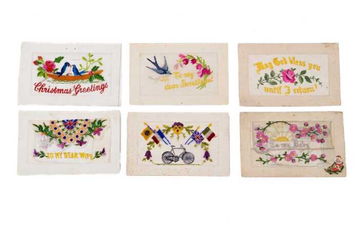 World War I silk embroidered postcards, mostly French